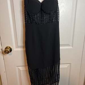 NBD Black 4AM Caged Lace Bustier Stretch Sweetheart Midi Dress